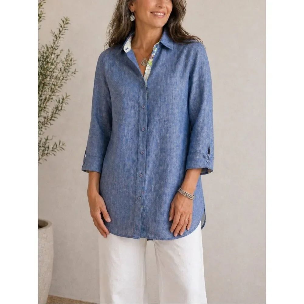 Chico’s Blue Chambray Linen Button Down Shirt No Iron Tunic Top Size 12/14